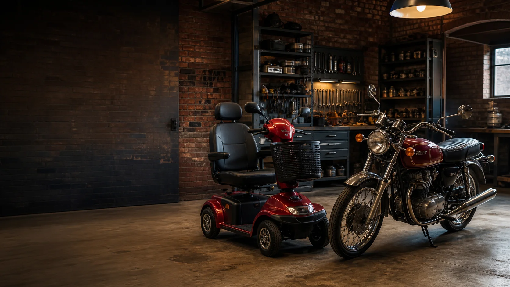 Aufgeräumte Four-Schmiede Werkstatt mit Seniorenmobil und klassischem Motorrad